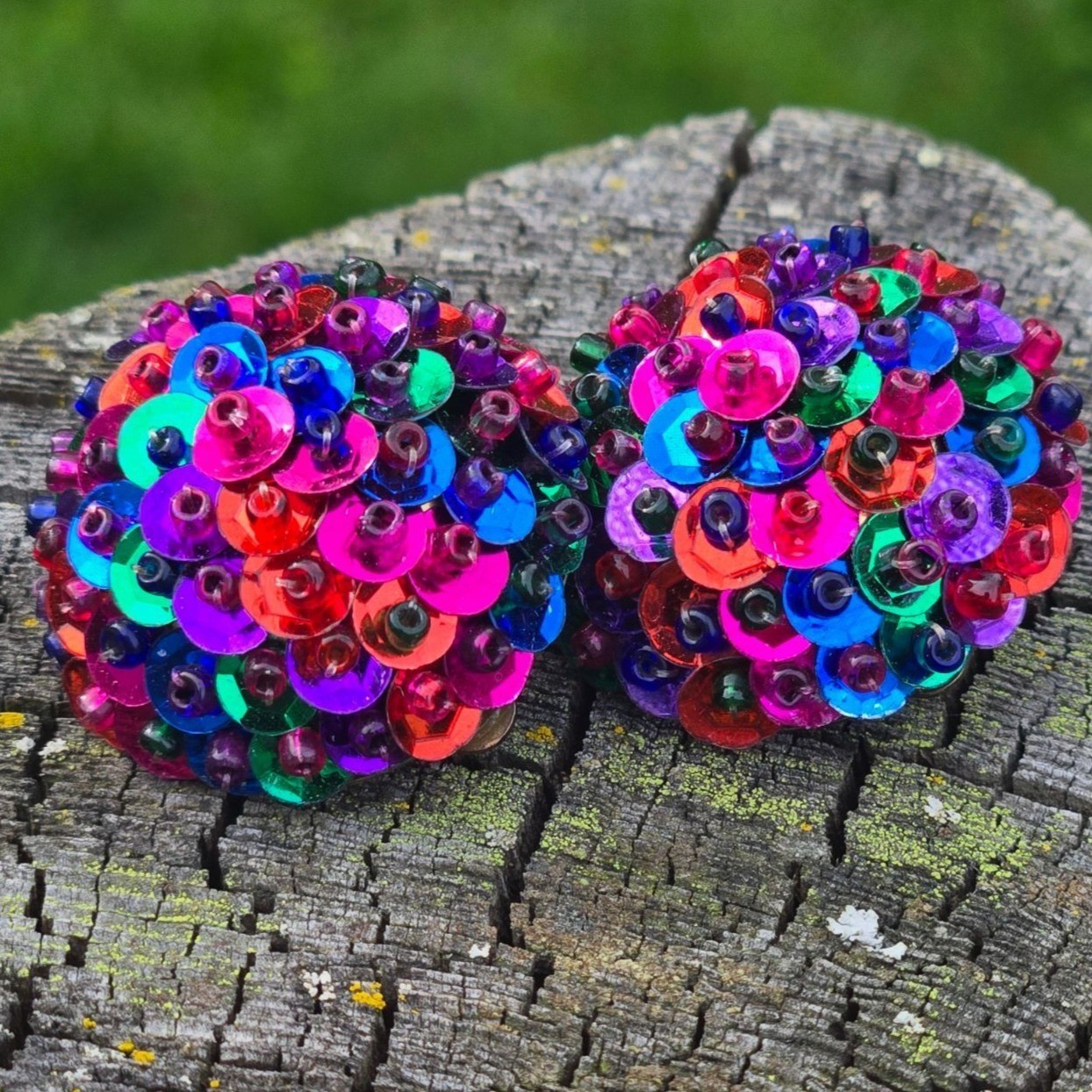 Vintage 1980s Sequin Clip On Earrings Multi Colored Large Bold Bright iridescent
