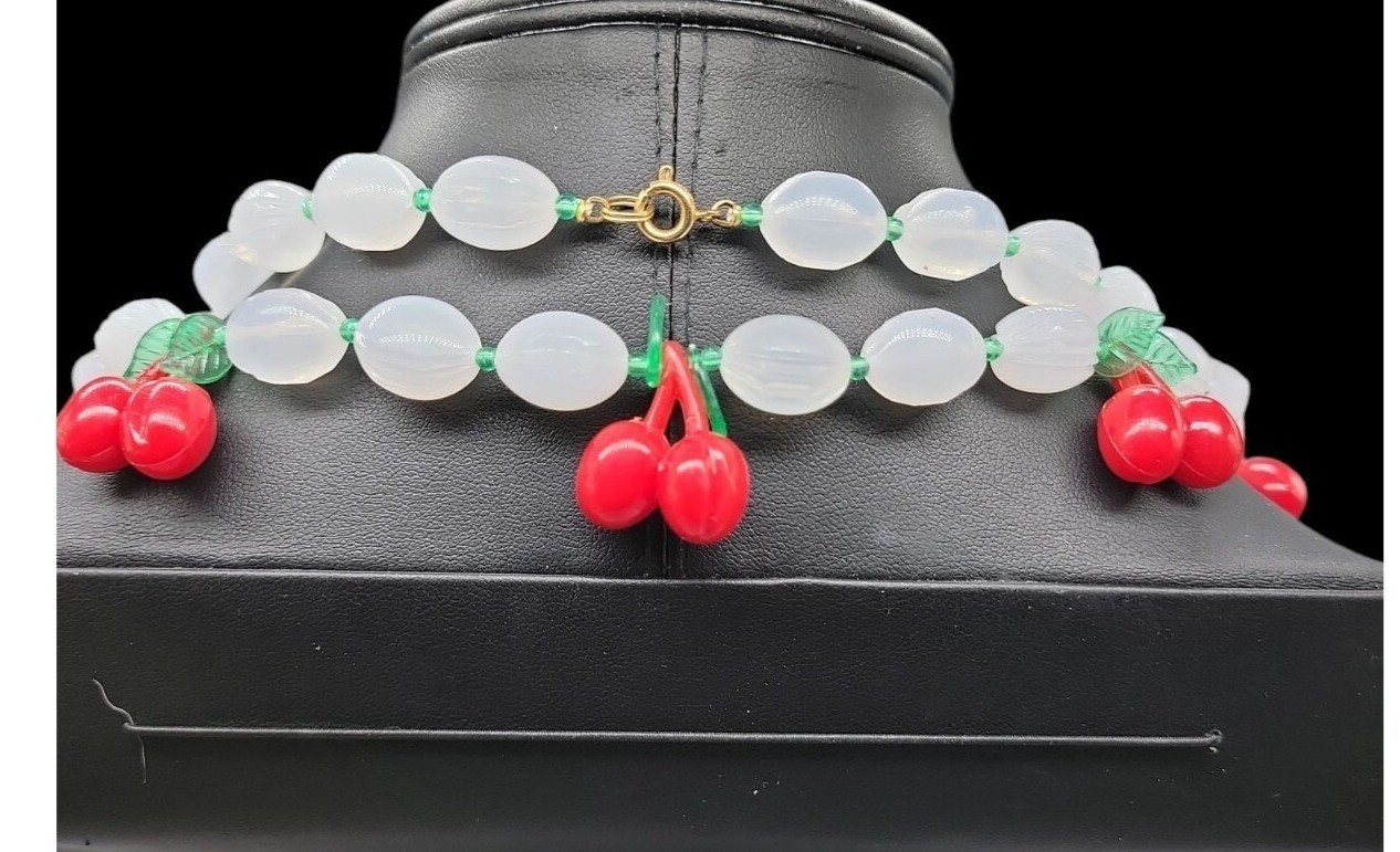 Lucite Cherry 34″ Necklace & 7″ Stretch Bracelet Red Cherries Translucent Beads