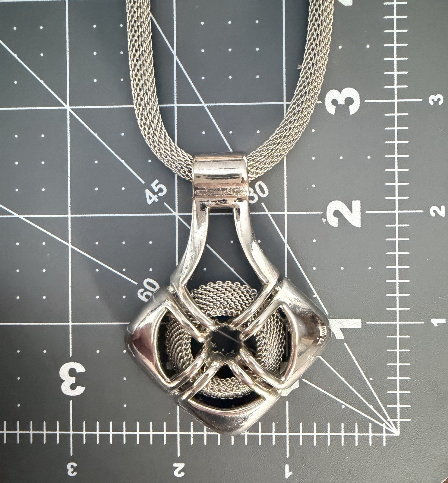 Vtg 1970s Lawrence Vrba for Castlecliff Brutalist Diamond Mesh Pendant Necklace