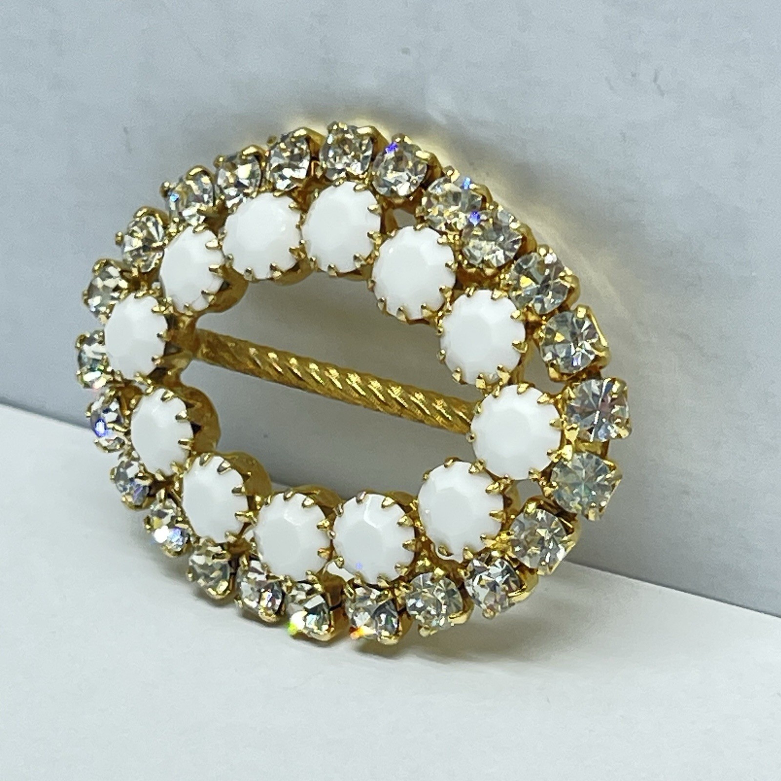 Vintage Gold Tone Oval Scarf Slide Rhinestones And Faceted Milk Stones