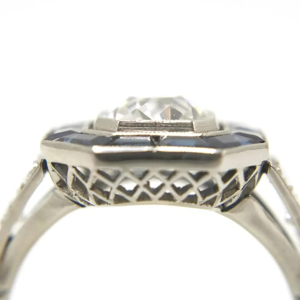 3.0Ct Art Deco Style Lab-Created Diamond Sapphire Halo Bezel Set Ring 925 Silver