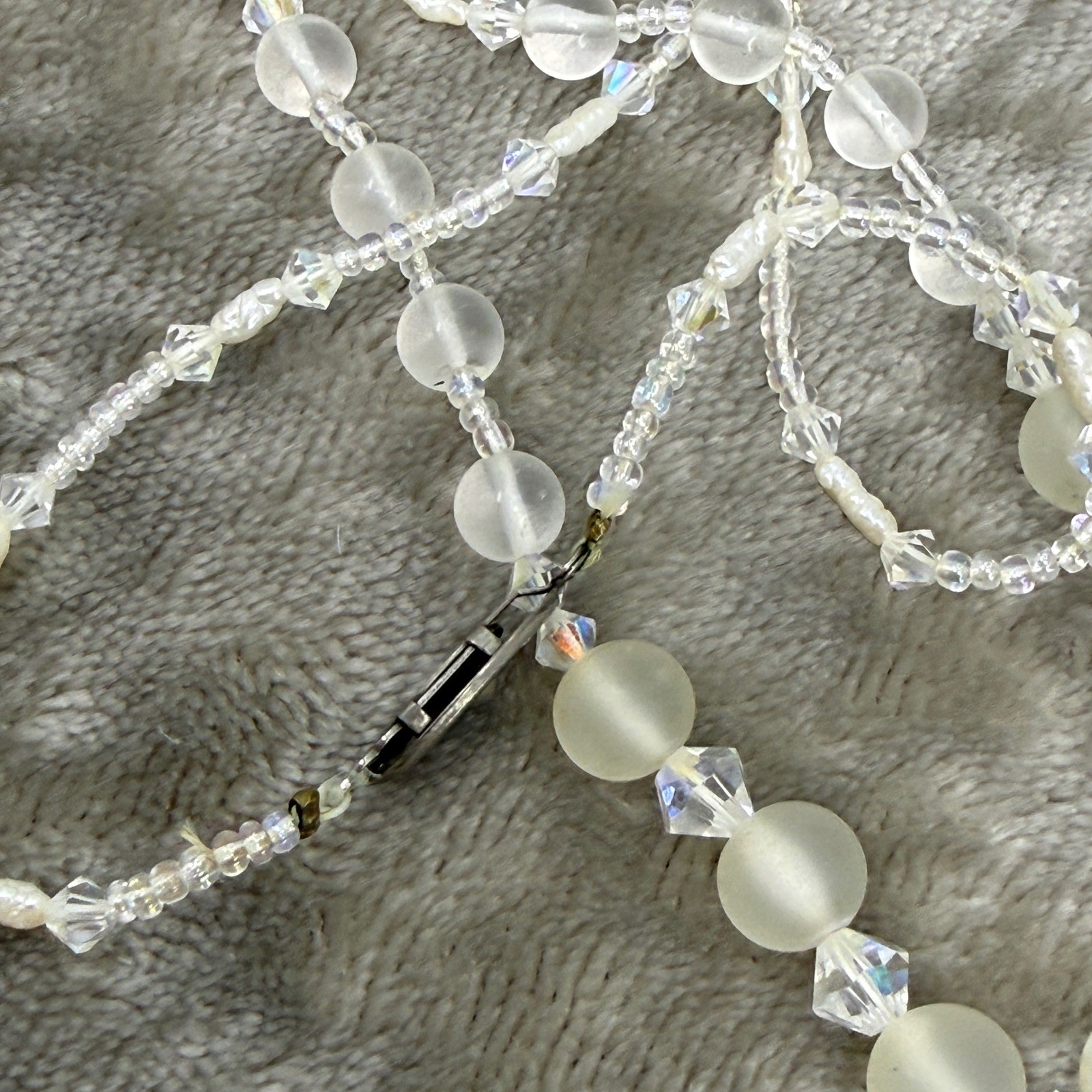 Vintage Frosted Glass AB Crystal Pearl Beaded Necklace Filigree Clasp Iridescent