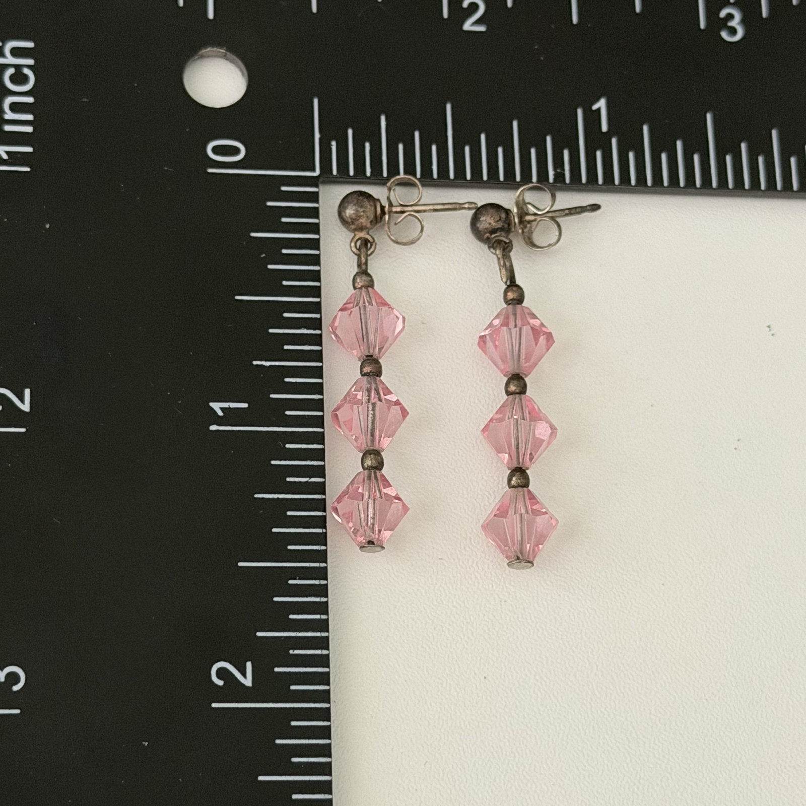 Vintage 925 Sterling Silver Pink Crystal 3 Stone Dangle Earrings