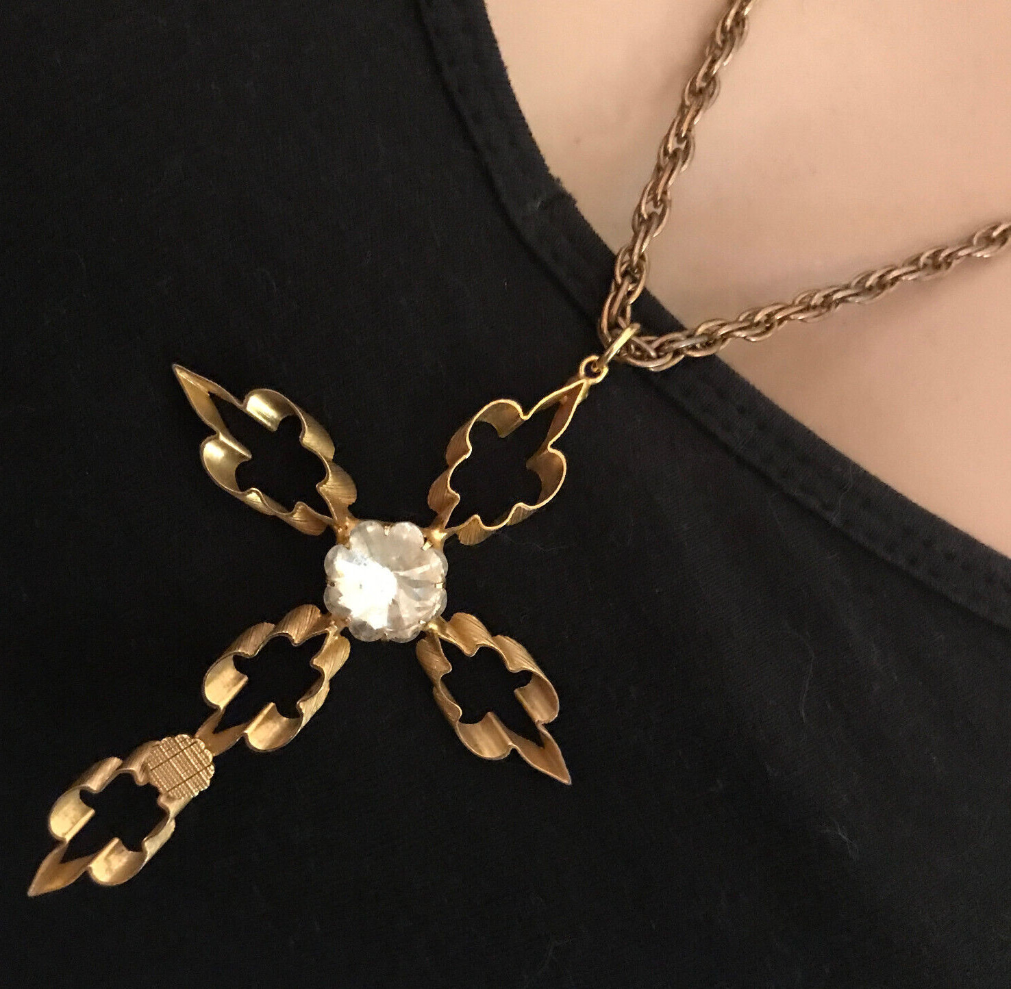 Vintage 3″ Gold Tone Cross 20″ Necklace Simulated Diamond April Birthstone