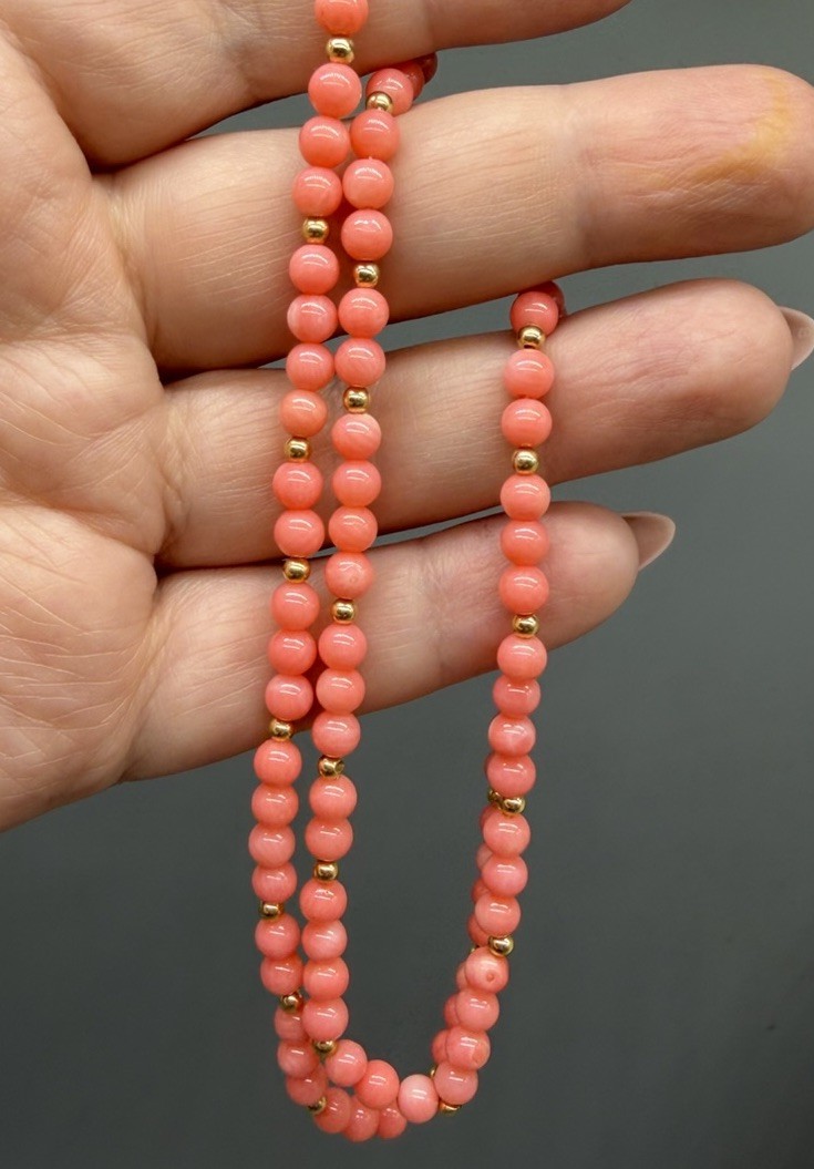Vtg Gold Filled Natural Pink Salmon Coral Bead Beaded Necklace 21” 5mm Estate