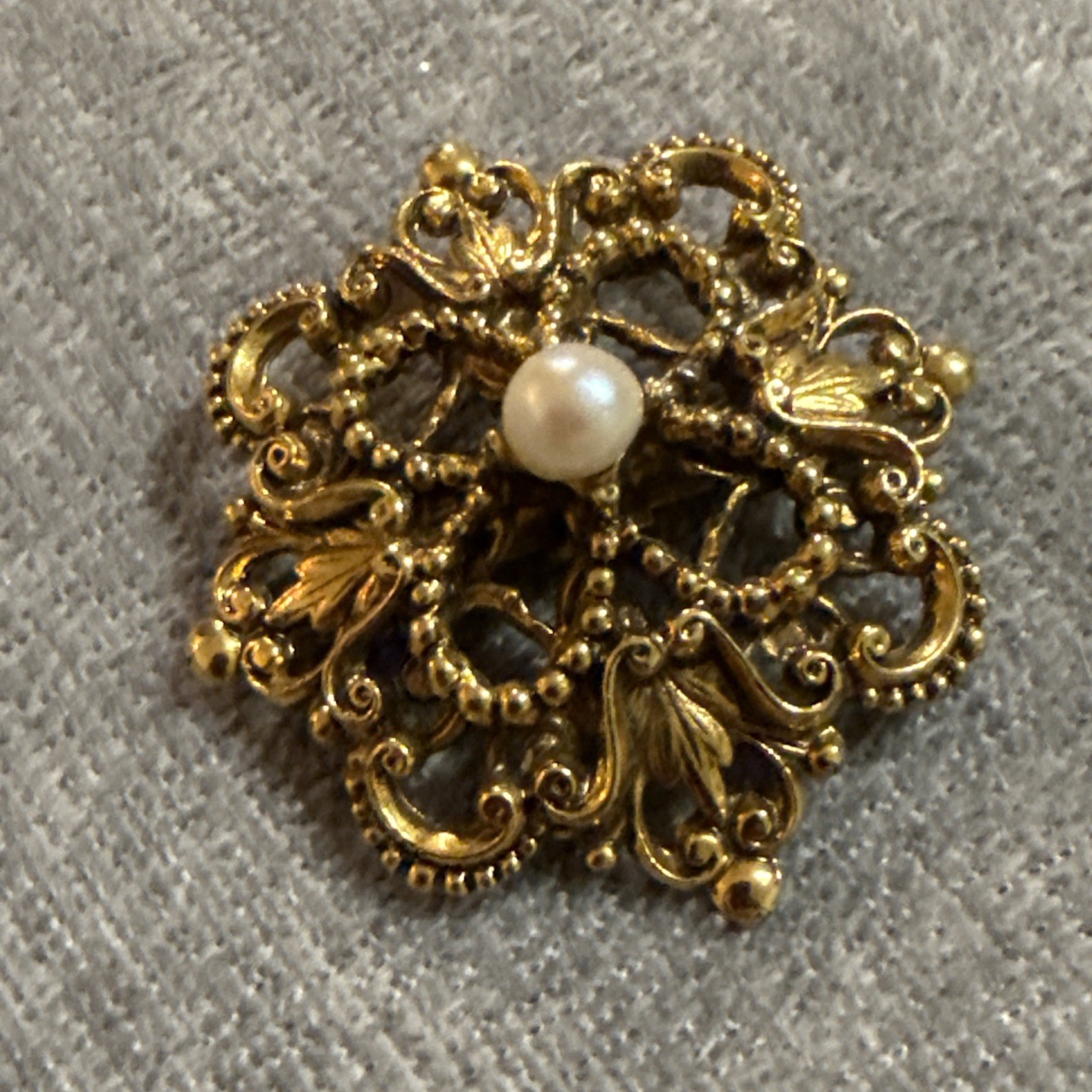 VTG Gold Tone TACOA Victorian Open Scroll Brooch Faux Pearl Floral Pin