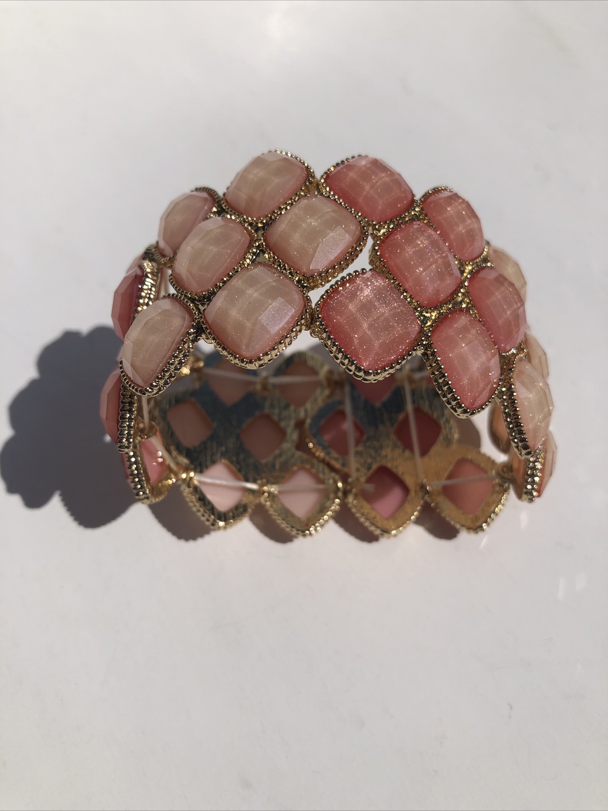 Pink Stone Stretch Cuff Bracelet Gold Tone Statement Piece Costume Jewelry