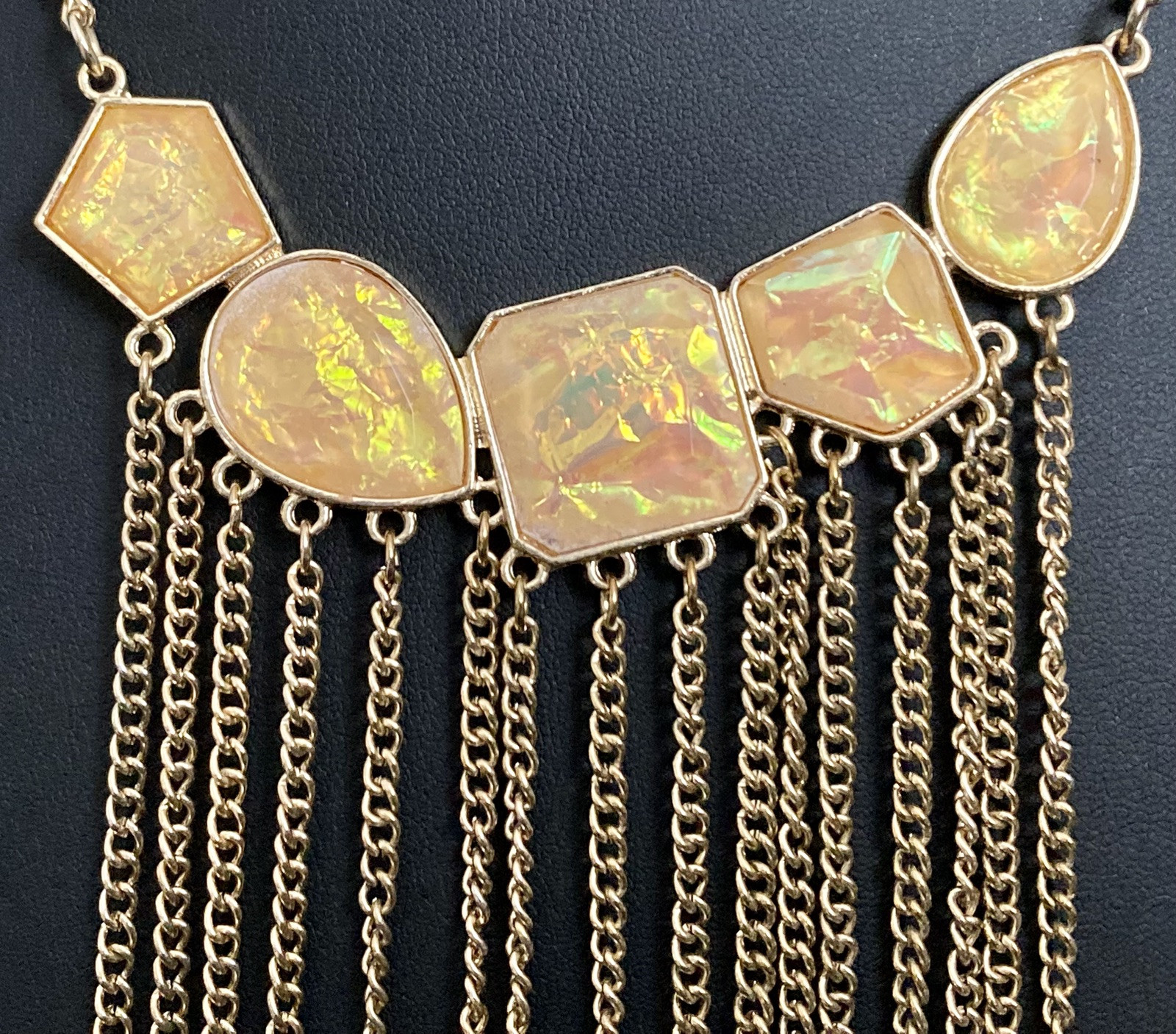 Statement Bib Fringe Necklace Gold Tone Chain Iridescent Yellow Faceted Beads