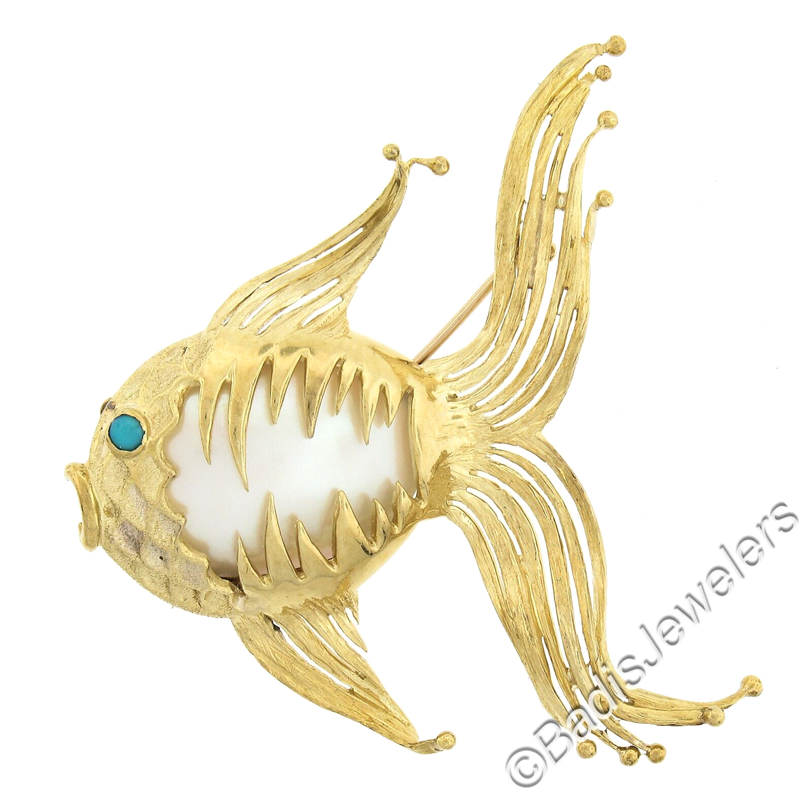 Gold Mabe Pearl & Turquoise Free Form Textured Detailed Fish Pin Brooch