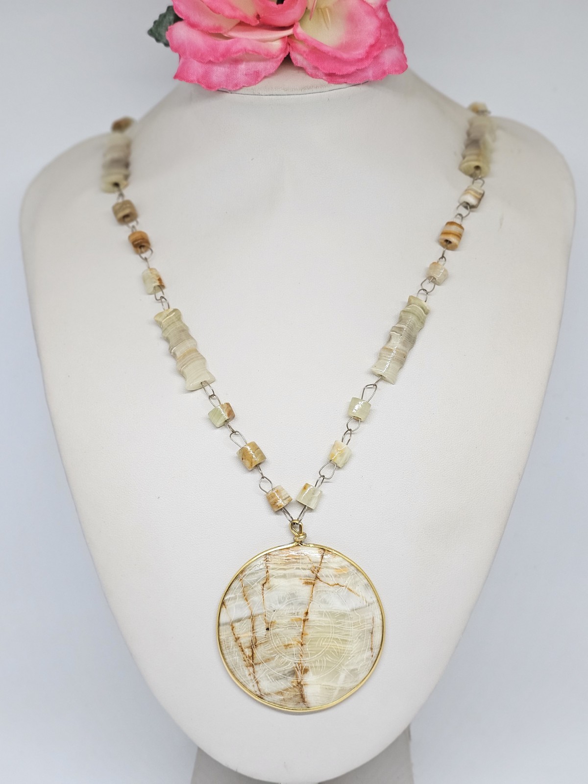 Vintage Carved Agate Beaded Necklace Etched Aztec Sun Disc Pendant