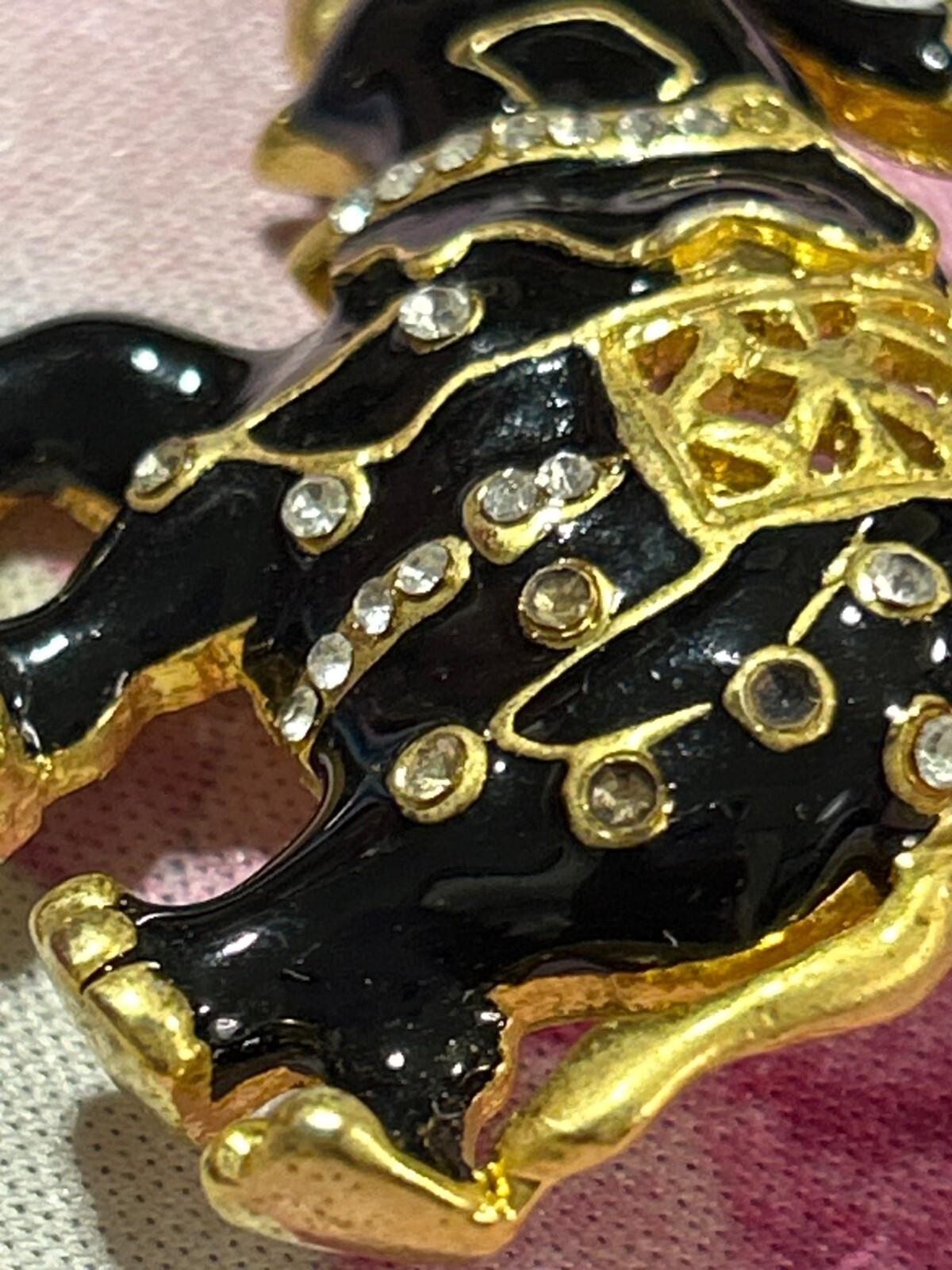 Gold & Black Enamel Elephant Brooch With Rhinestones & Safety Pin Clasp