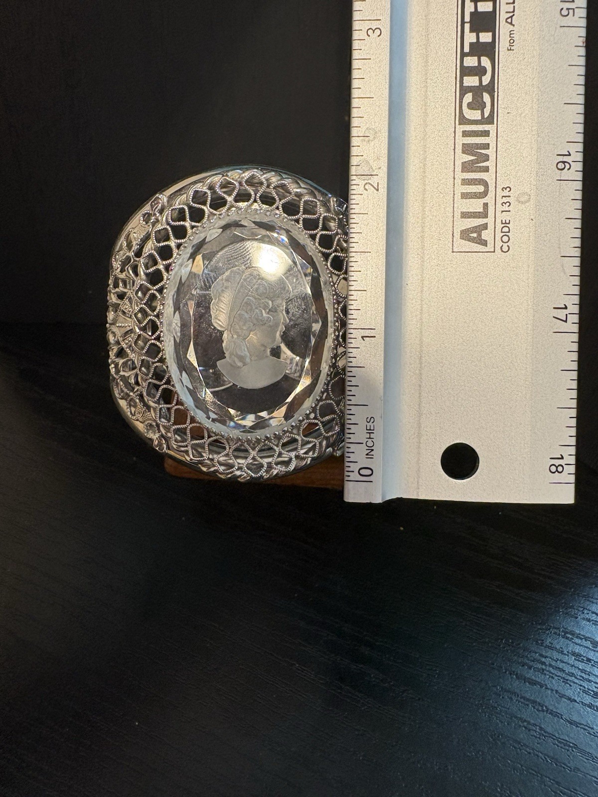 Whiting & Davis massive cuff bracelet clear cut cameo silver tone sz 6.5 vintage