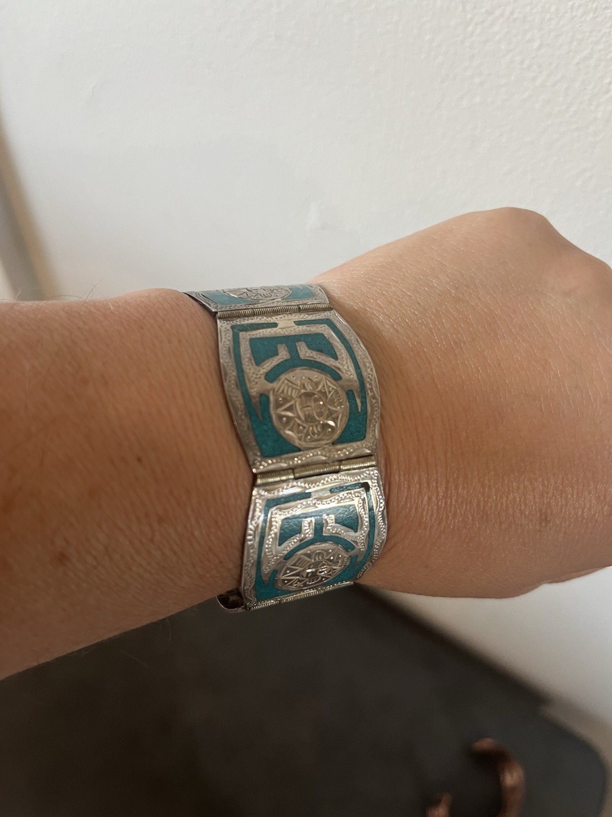 Bell Solid Copper Sterling 925 Joy Mex Turquoise Inlay Aztec Cuff Bracelet Vtg