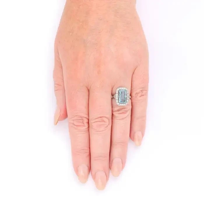 4.98Ct Art Deco Style Emerald Cut Lab-Created Aquamarine 14K White Gold FN Ring