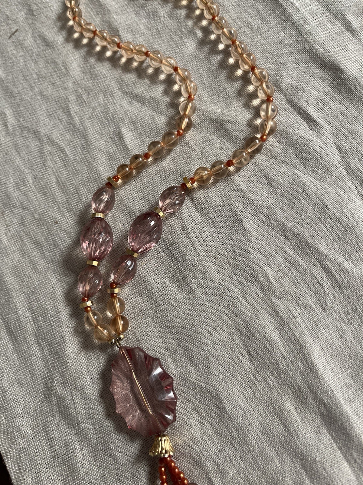 Vintage Lucite Faceted Beaded Blush Pink Tassel Necklace