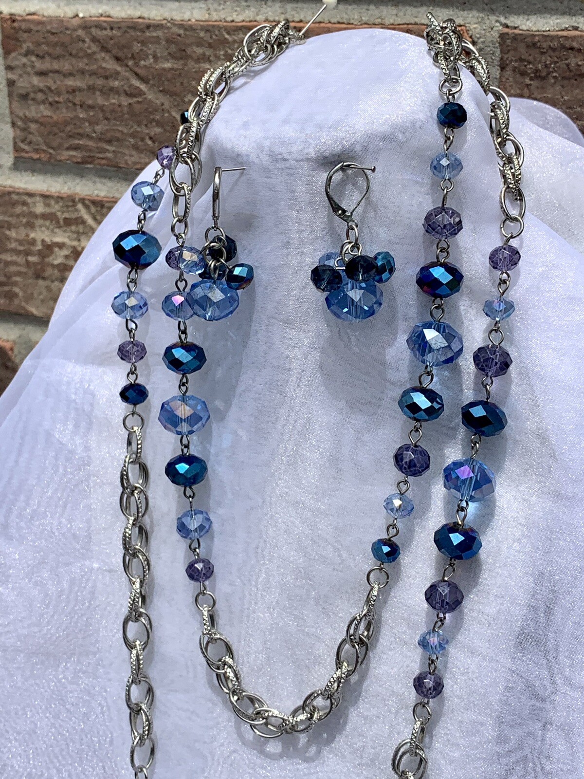 Vintage 70s Blue, Peacock & Purple Aurora Borealis Crystal Necklace Earrings Set