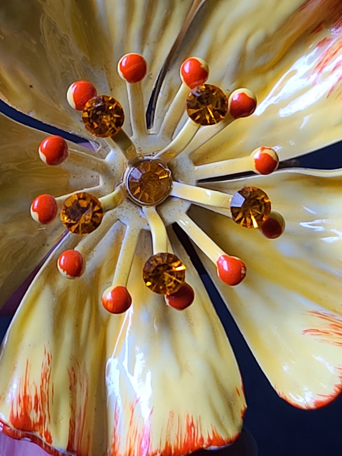Vintage Yellow Enamel Poppy Flower Power Brooch Pin Hippie MCM Glows Under UV
