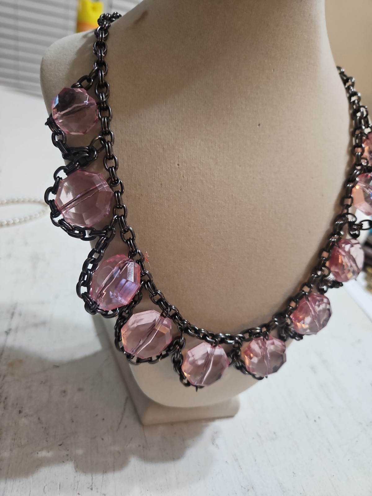 Vintage Beaded Necklace 18” Boho Pink, Gunmetal, Gray, Bib Statement