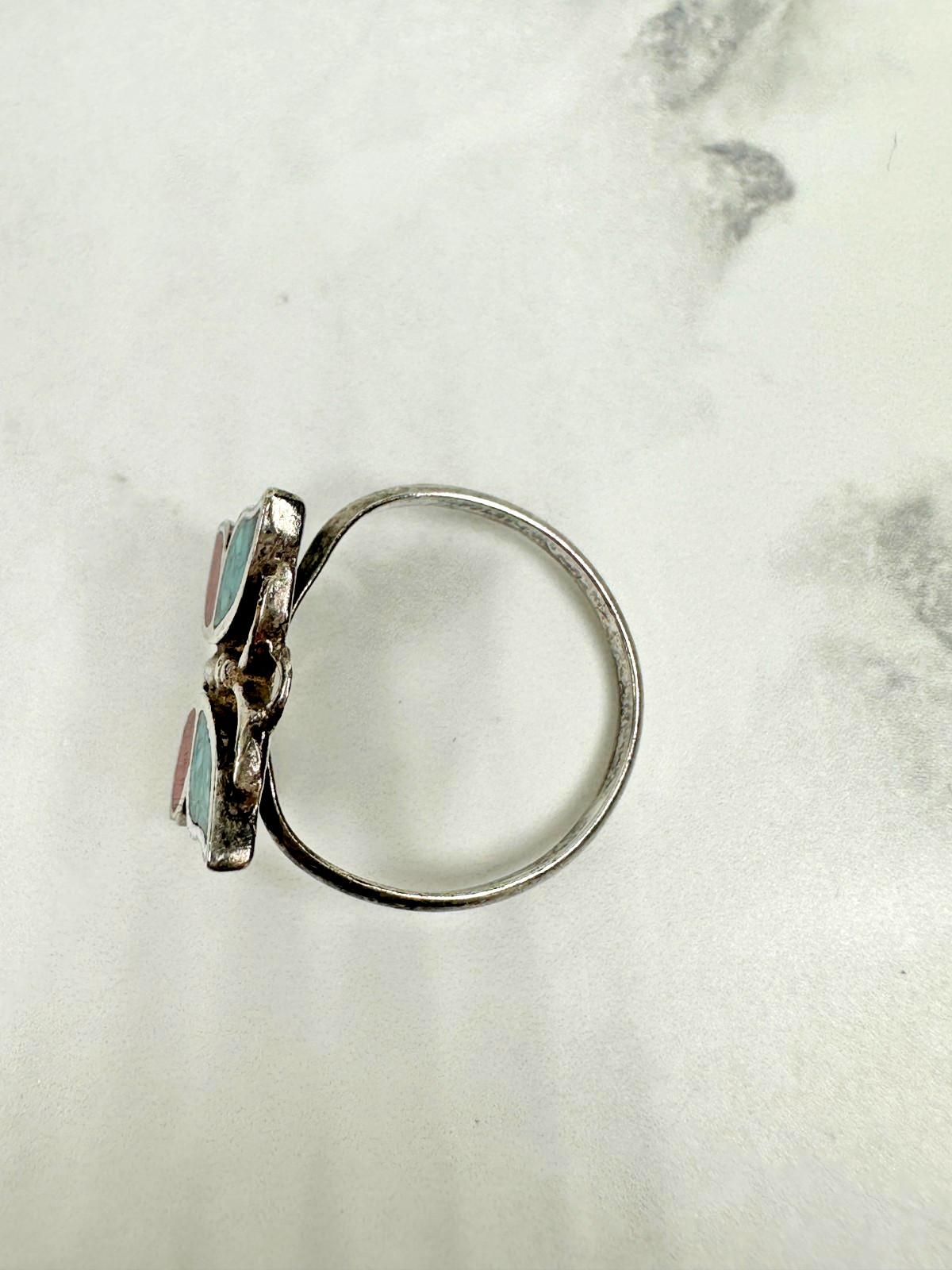 Sterling Silver Butterfly Ring with Turquoise / Coral Chip Inlay – Vtg -Size 5