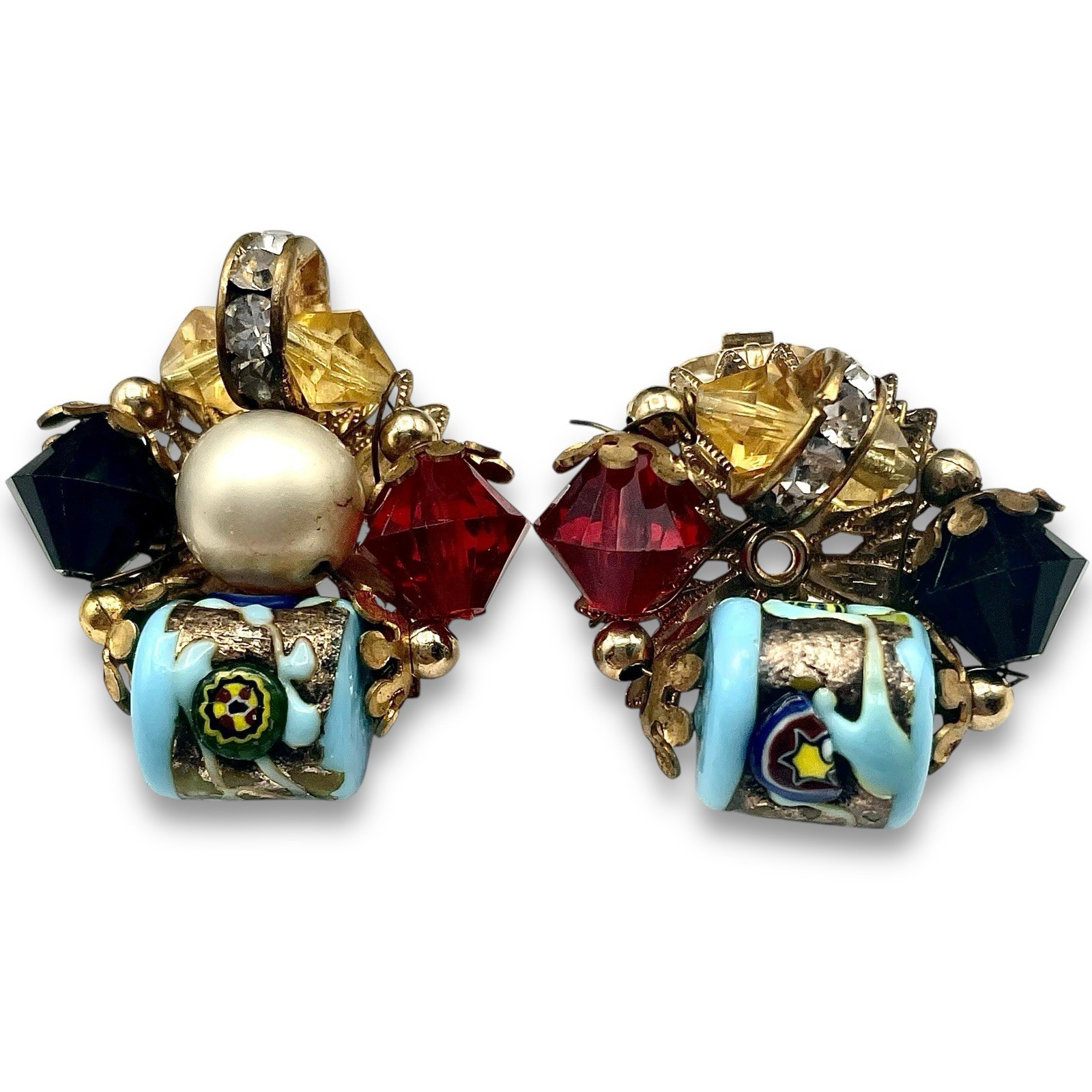 Vintage Demi Parure MILLEFIORI GLASS Beads Chain Necklace Earrings Italy READ