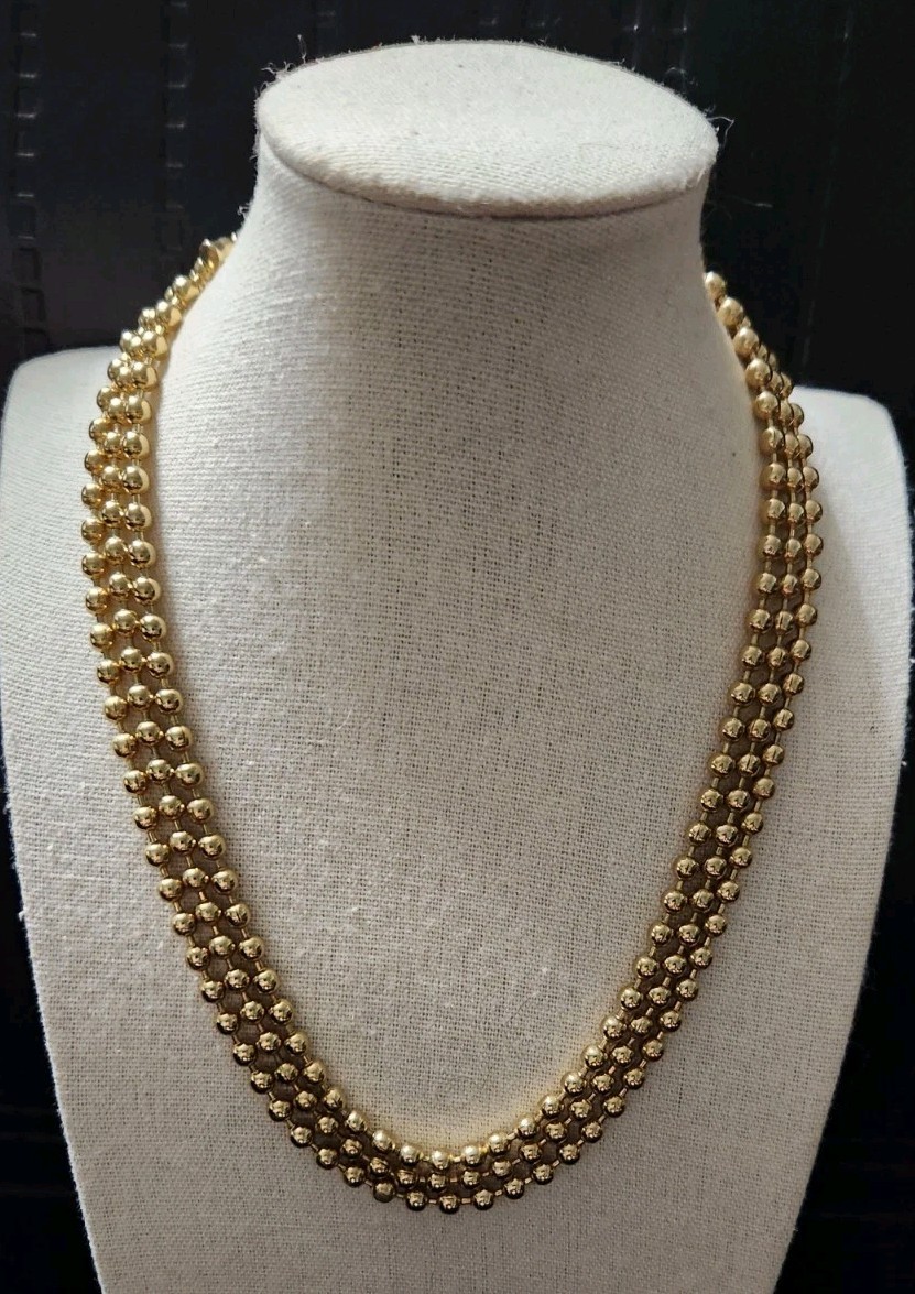 Vintage Gold Tone Beaded Necklace 3 Strands 16″ Small Beads Popcorn Link Retro