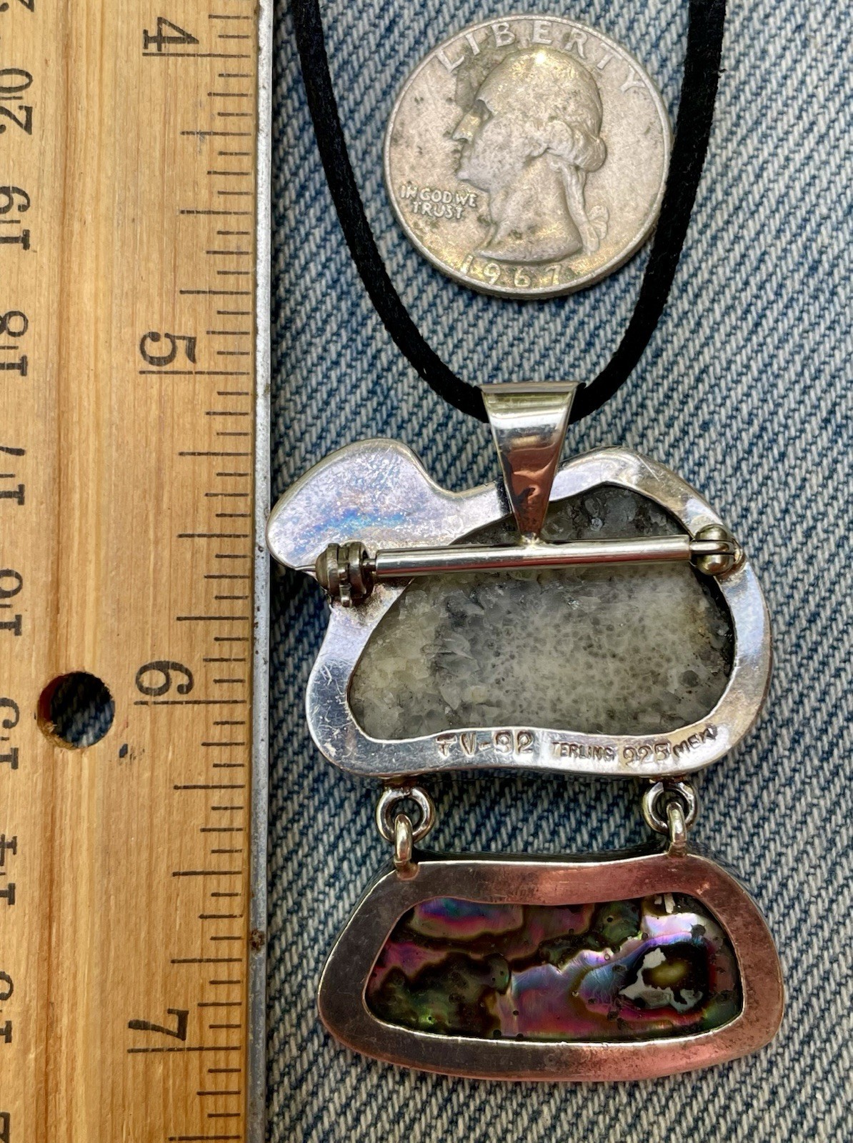 🎥Rock Crystal Rainbow Abalone Turquoise 2″ Pendant Brooch Mex Sterling Silver