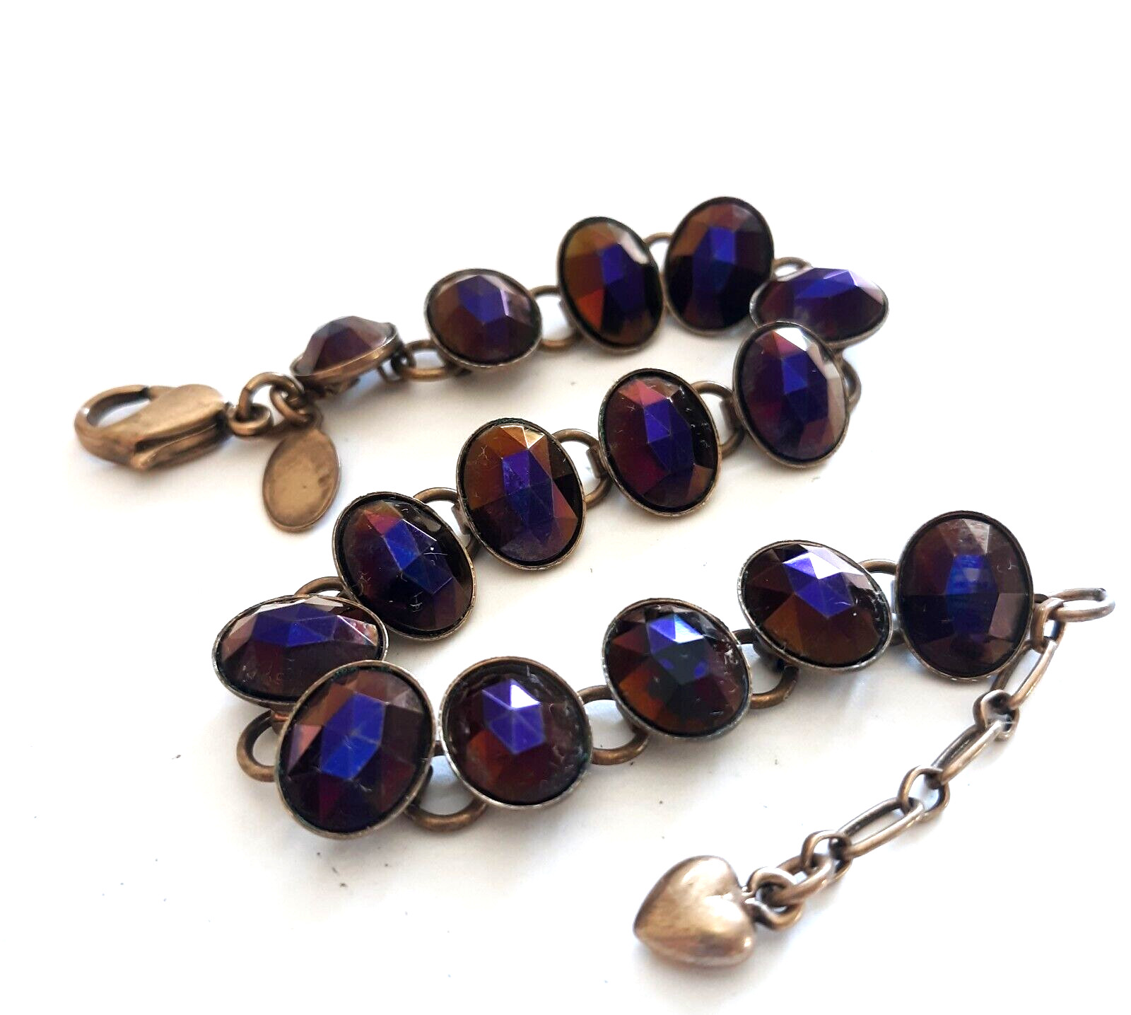 Kirks Folly Crystal Station Bracelet Deep Purple Antiqued Gold Tone Heart Charm