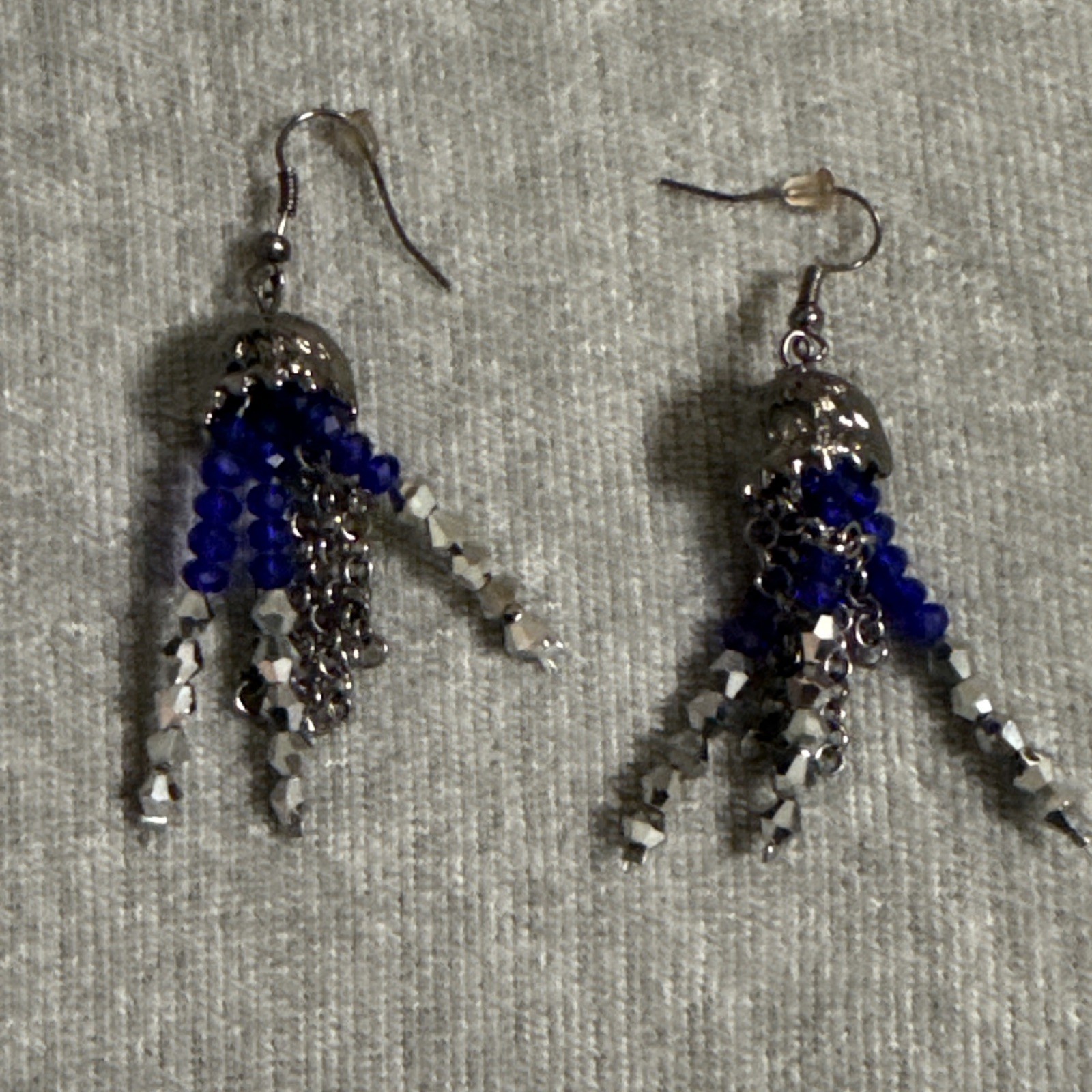 Vintage Silver Chain Artisan Blue Crystal Faceted Bead Fringe Statement Earrings