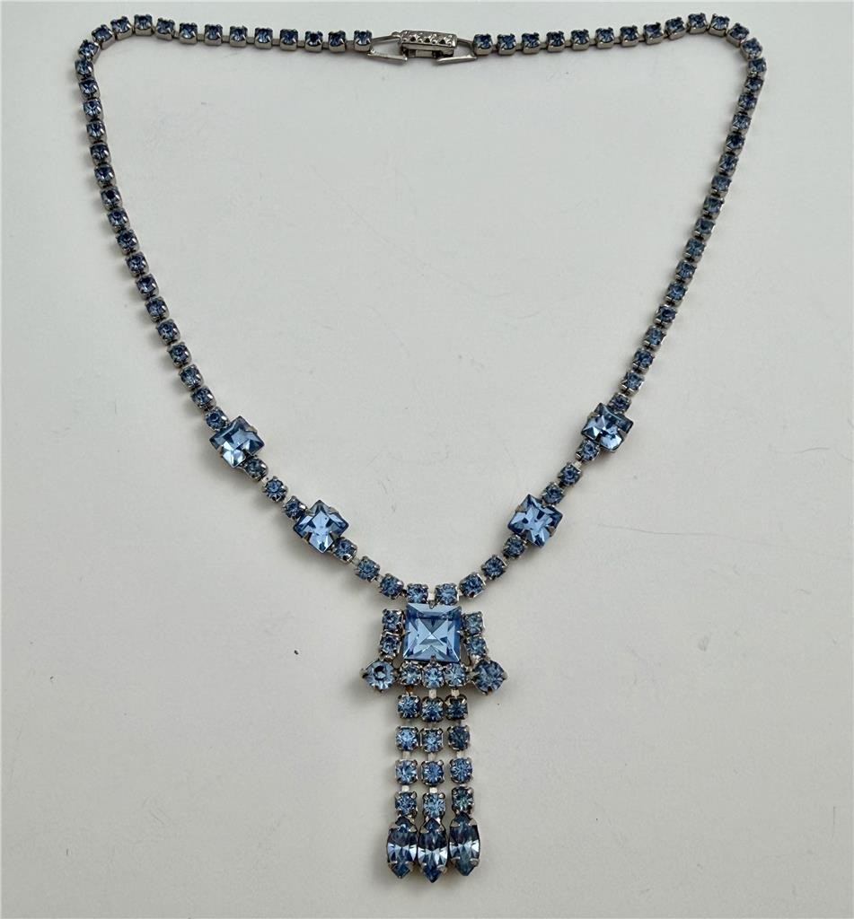 1950’s Vintage Baby Blue Rhinestone Silver Tone Drop Dangle Necklace 14.5″ Long