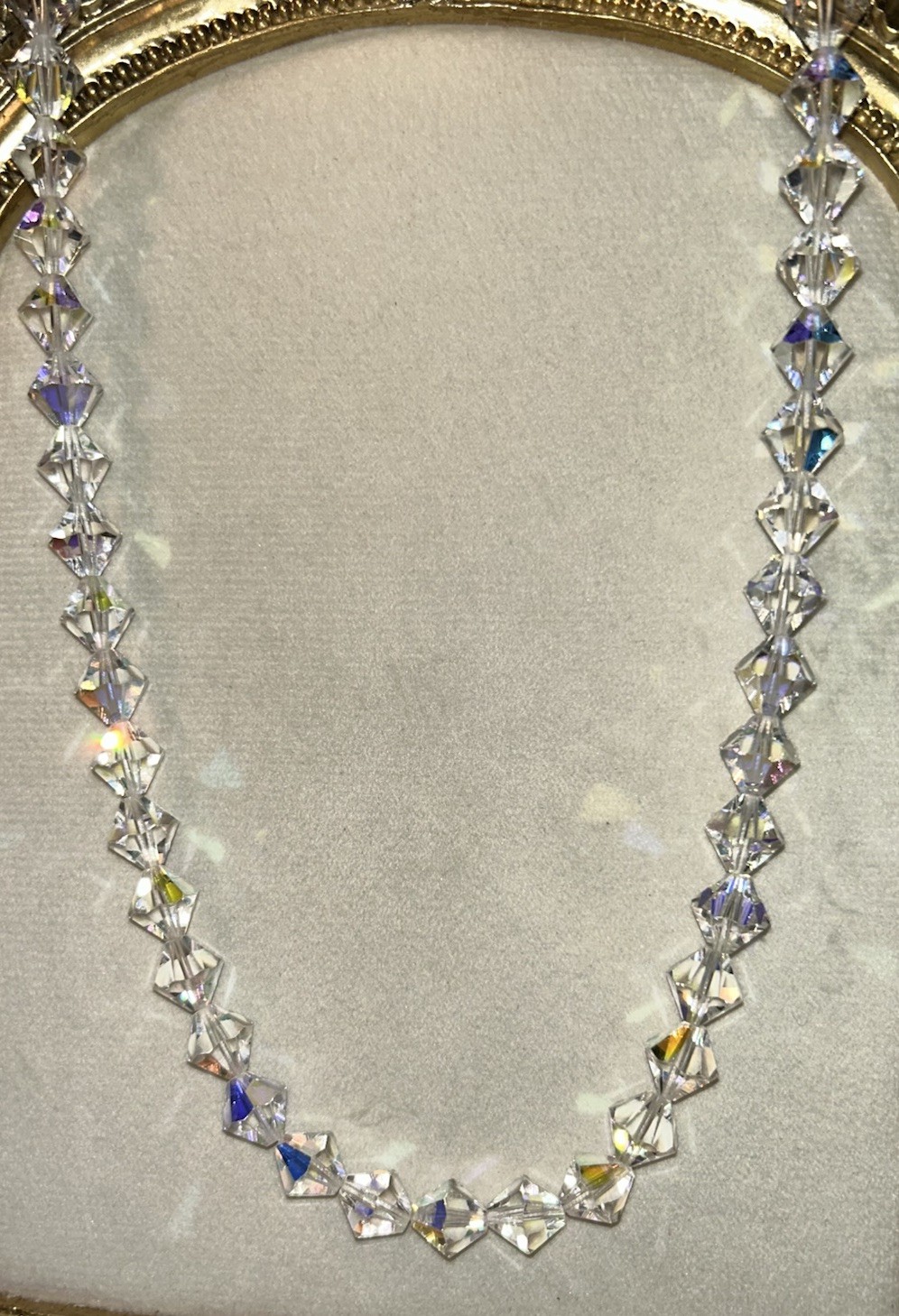 Vintage Aurora Borealis Crystal Bicone Necklace 24” Clear Faceted Glass Beads