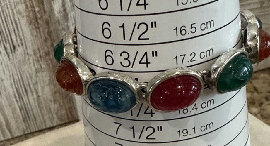Vintage Scarab Bracelet Multicolor Silver Tone Magnetic Close 7”