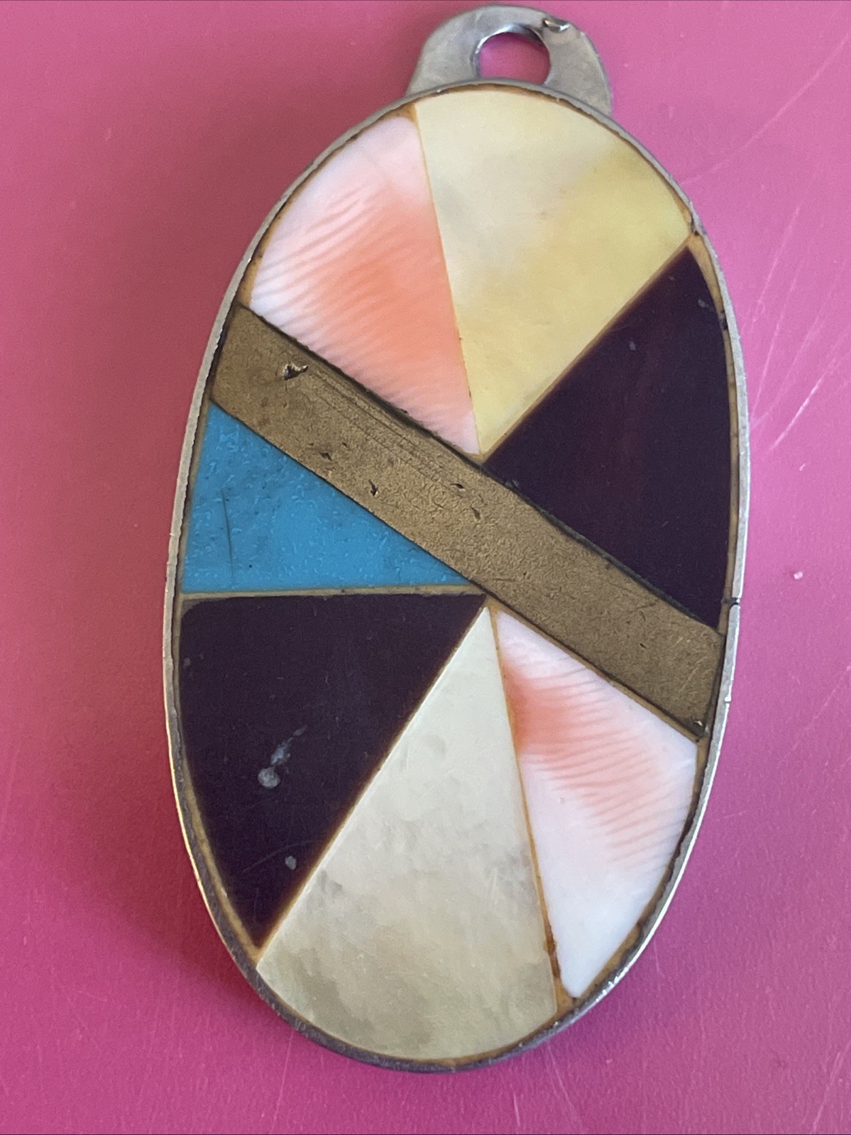 Vintage Mother Of Pearl & Stone Pendant Oval Shape Silver Tone 2 In