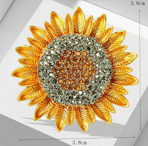 BROOCH-Full Crystal Sunflower Brooch, 1 1/2 Inches Across
