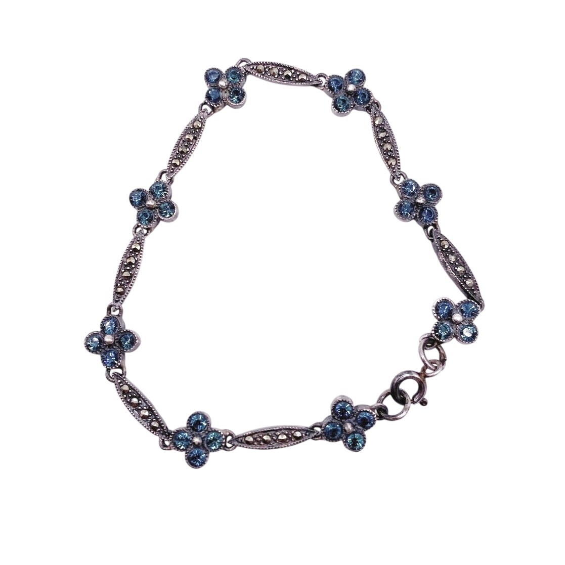 Vntg Sterling Silver With Blue Crystal and Marcasite Flowers Bracelet
