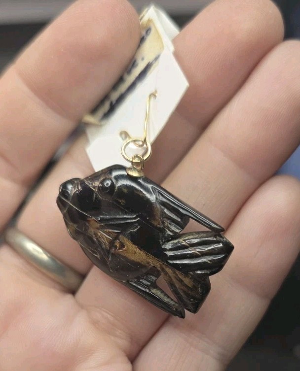 Rare Vintage Black Coral Carved And Polished Fish With 14K Bail Pendant