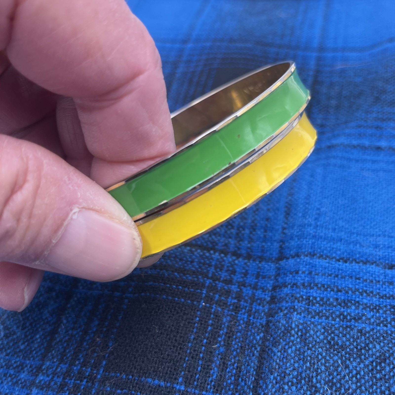 Set of 2 Vintage Bangle Bracelets Gold Tone Metal Yellow & Lime Green Enamel