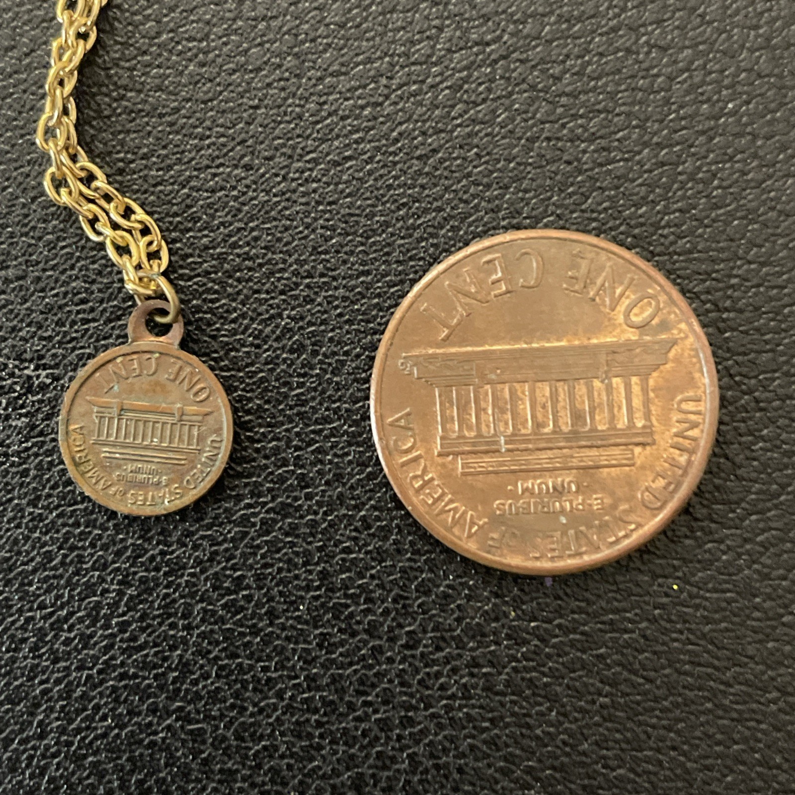 Miniature 1964 penny 1cm Coin Charm Pendent Necklace Vintage 18” gold tone chain