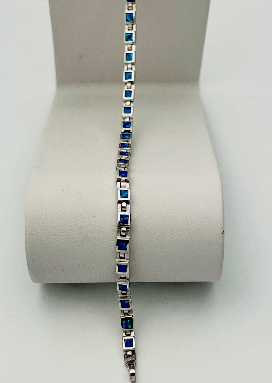 Lab Created Blue Opal 925 Sterling Silver Square Link Bracelet 7 1/2”