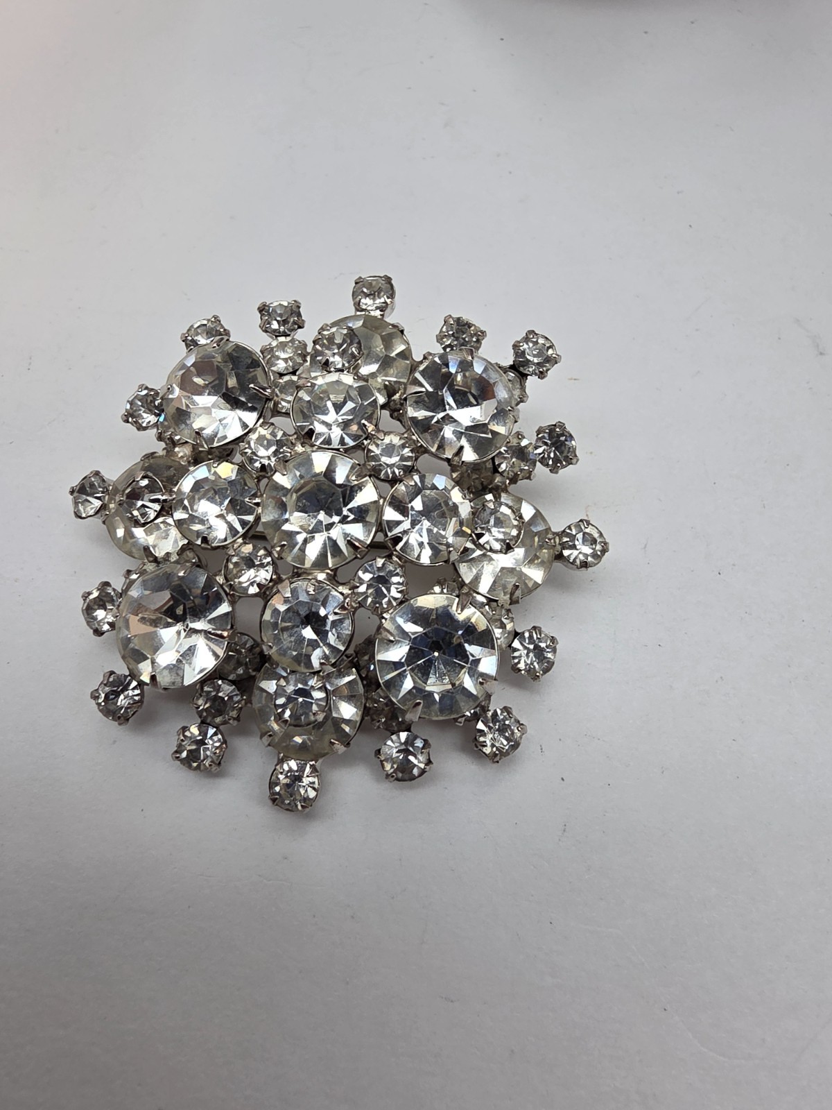 Amazing Large Clear Prong Set Layered Silver Tone Metal Snowflake Brooch Vintage
