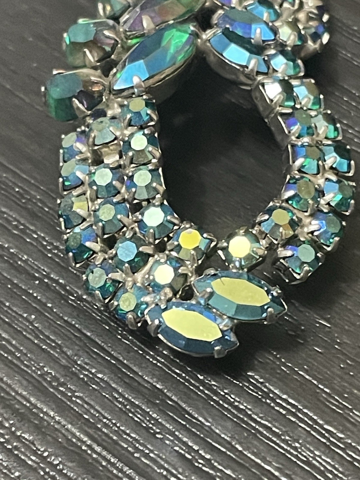 “Blue Lagoon” Style Aurora Borealis Crystal Rhinestone Tassel Brooch Vtg Estate