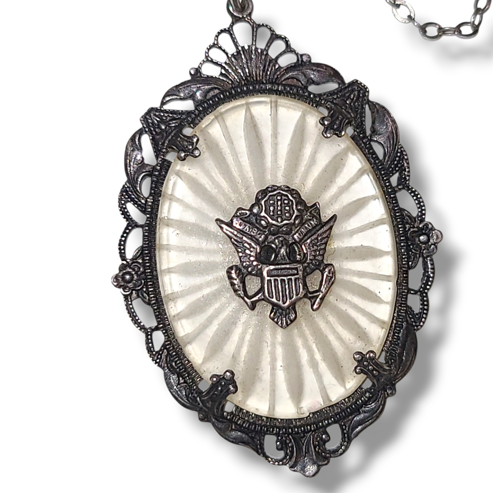 Vintage Sterling Silver Camphor Glass Eagle Pendant Necklace Art Deco 16in