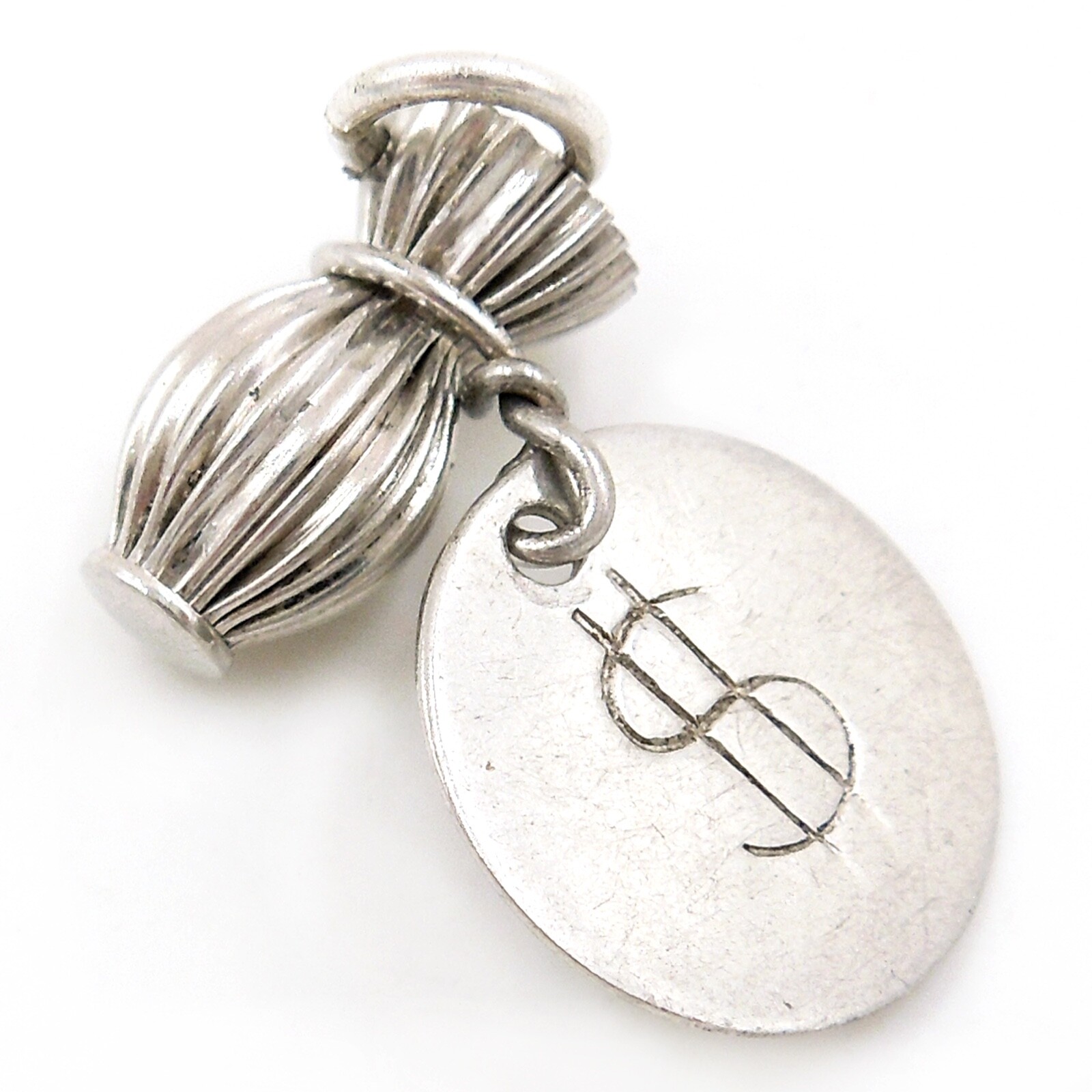 Vintage PLEATED MONEY BAG $ SIGN TAG Sterling Slver Finance Savings Charm