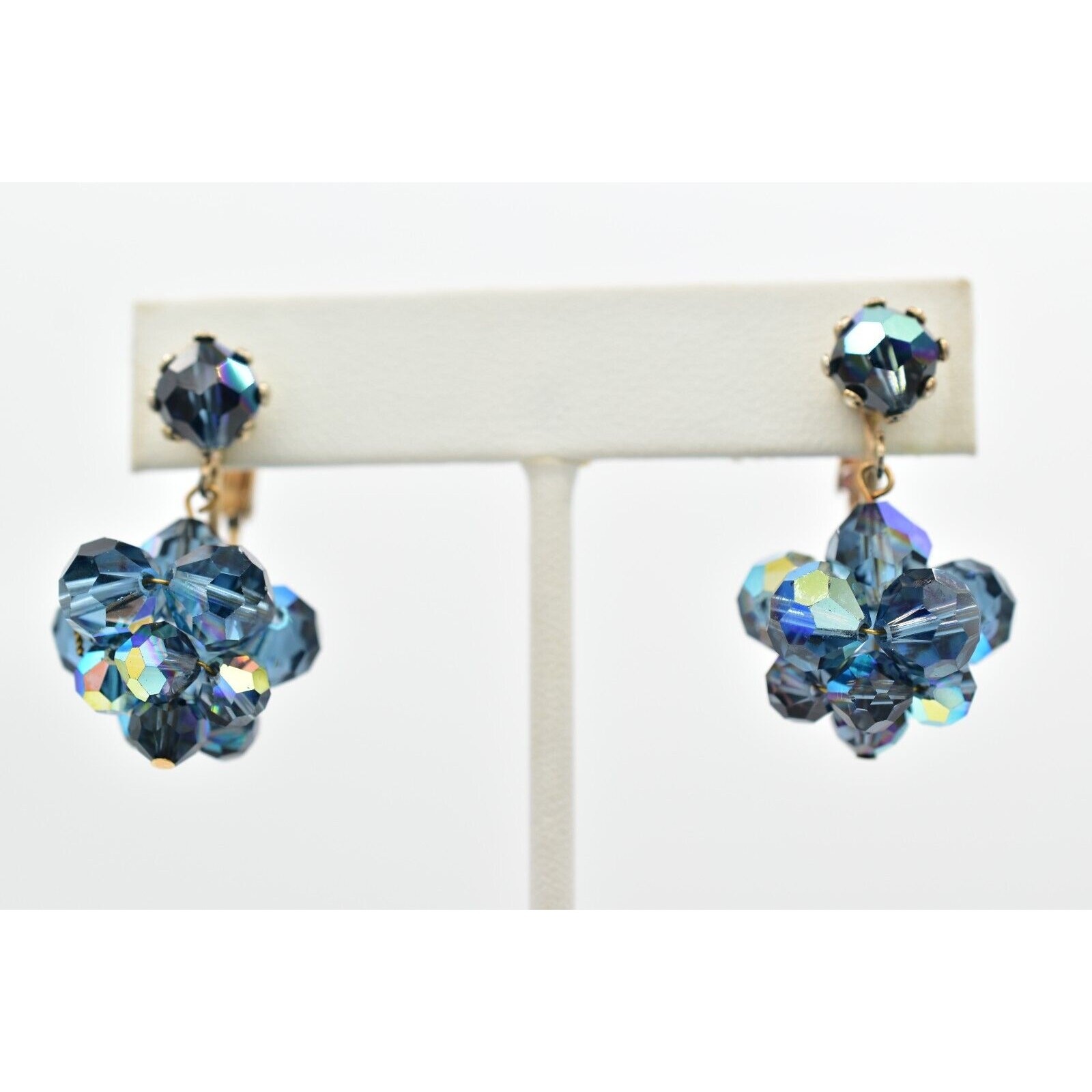 Laguna Vintage Clip On Crystal Earrings Dangle Navy Blue Drop Signed 1950s A24