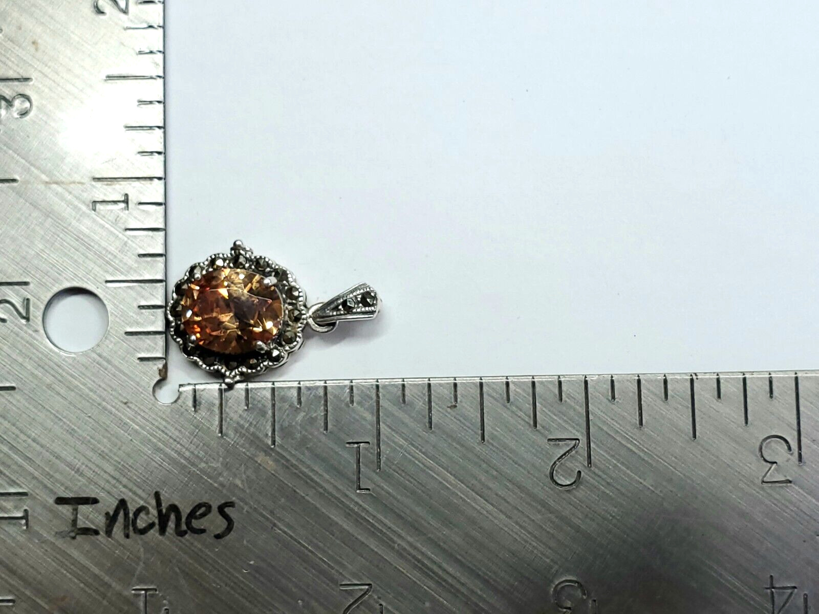 Vintage 1980s Signed Marsala Marcasite Faceted Peach Citrine Round Oval Pendant