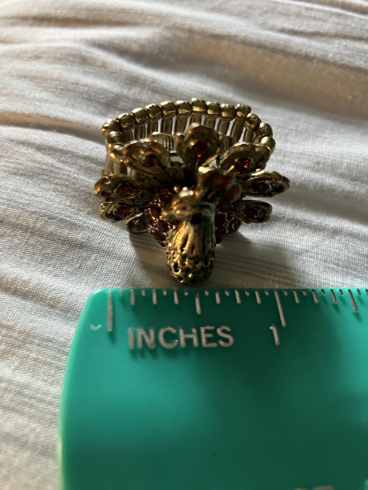 Peacock Expanding Ring Gold Tone Amber Color Fashion Jewelry Vintage Statement