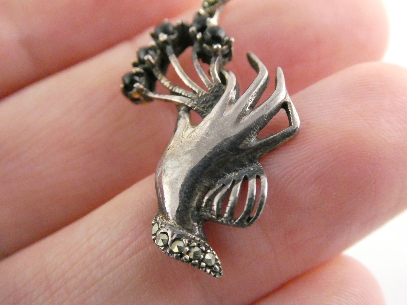 Marsala CW Sterling Silver Hand Holding Black Onyx Flowers Marcasite Pendant 2g