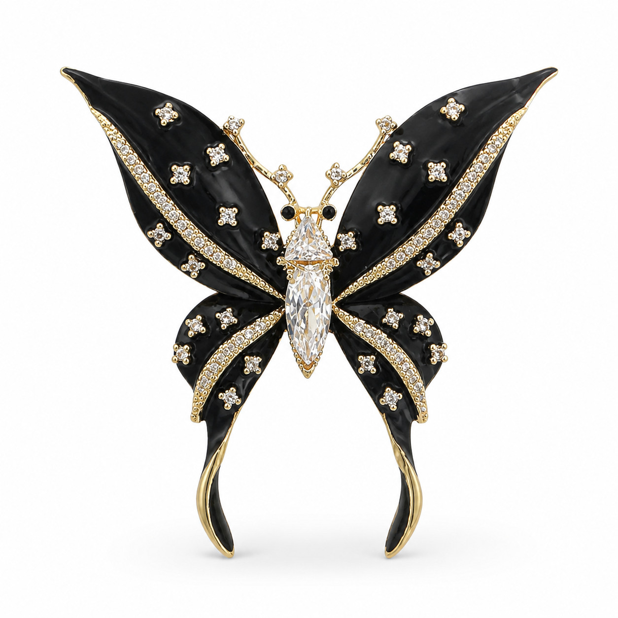 Black Enamel Butterfly Brooch Gold Tone Rhinestone Crystal Pin Vintage-Inspired