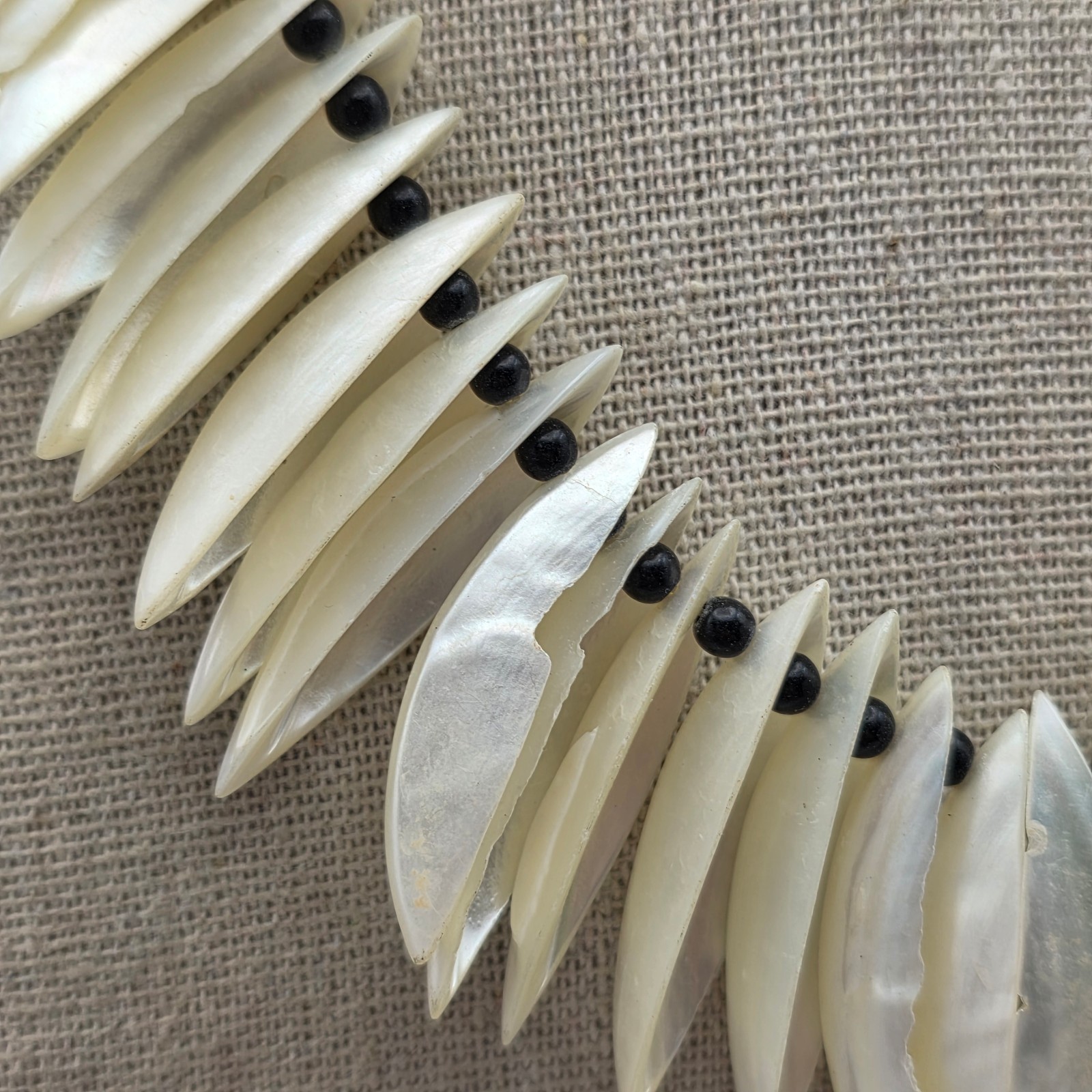 Vintage Mother Of Pearl Shell Fringe Bib Necklace Black Bead Tribal Boho 25″