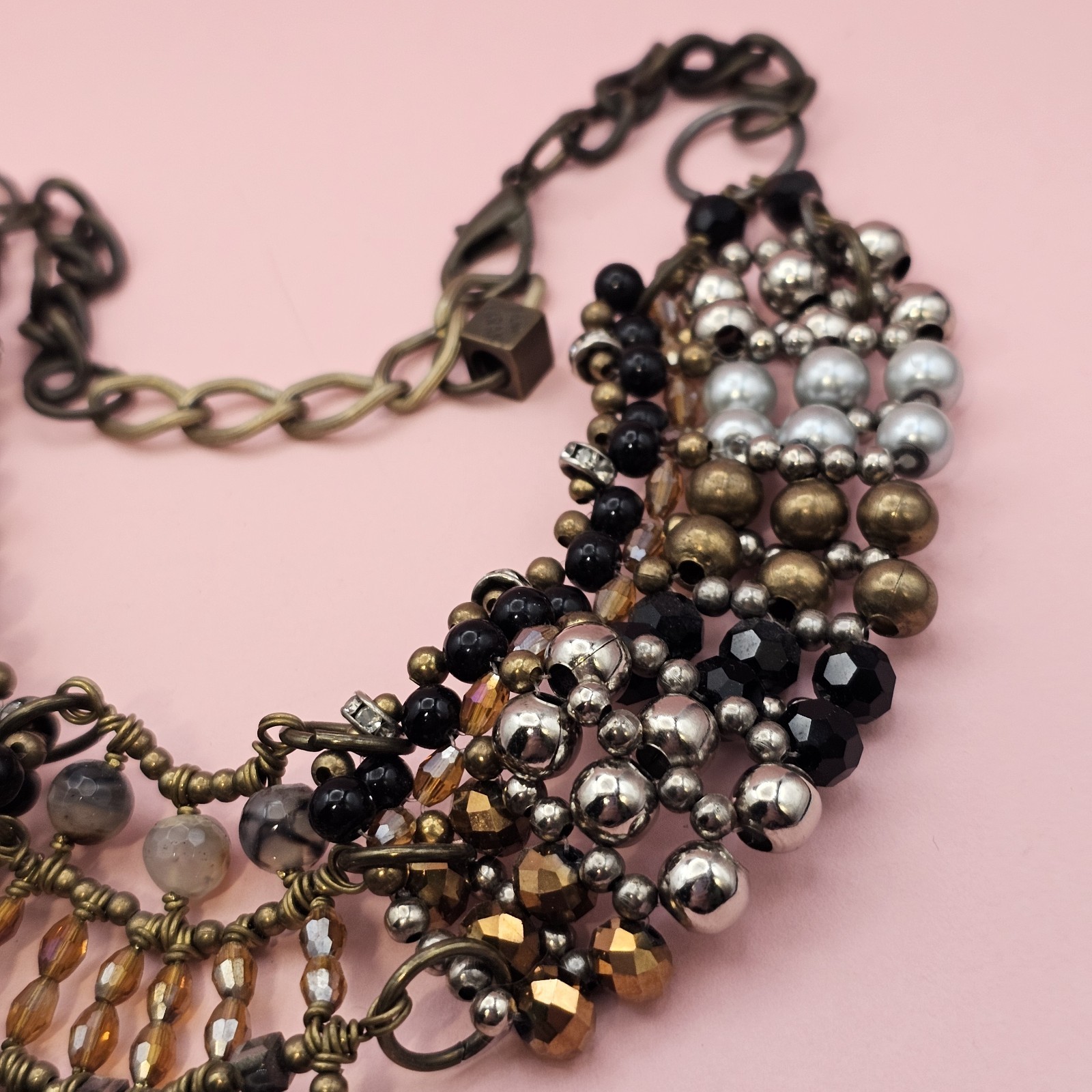 PAM HIRAN Statement Bib Necklace Mixed Bead Collar Brass Tone Chunky Boho Glam