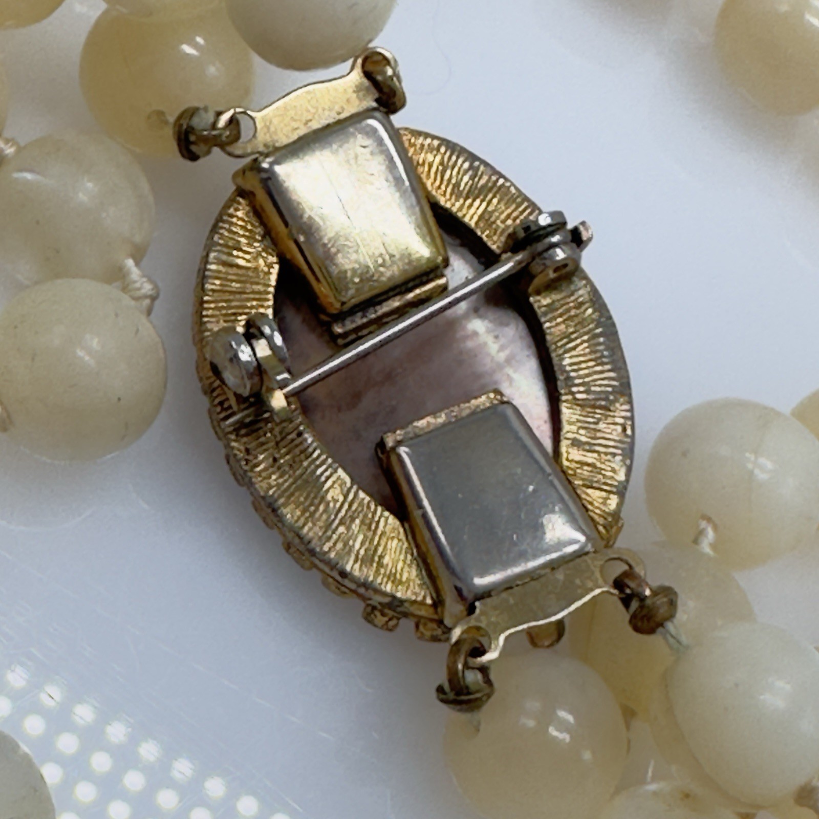 Vintage Mother of Pearl Cameo Clasp MOP Beaded Necklace Double Strand 8mm